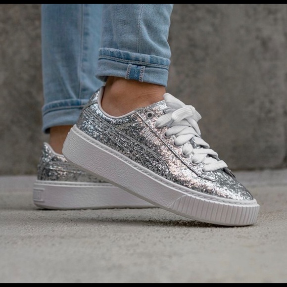 puma basket platform glitter silver